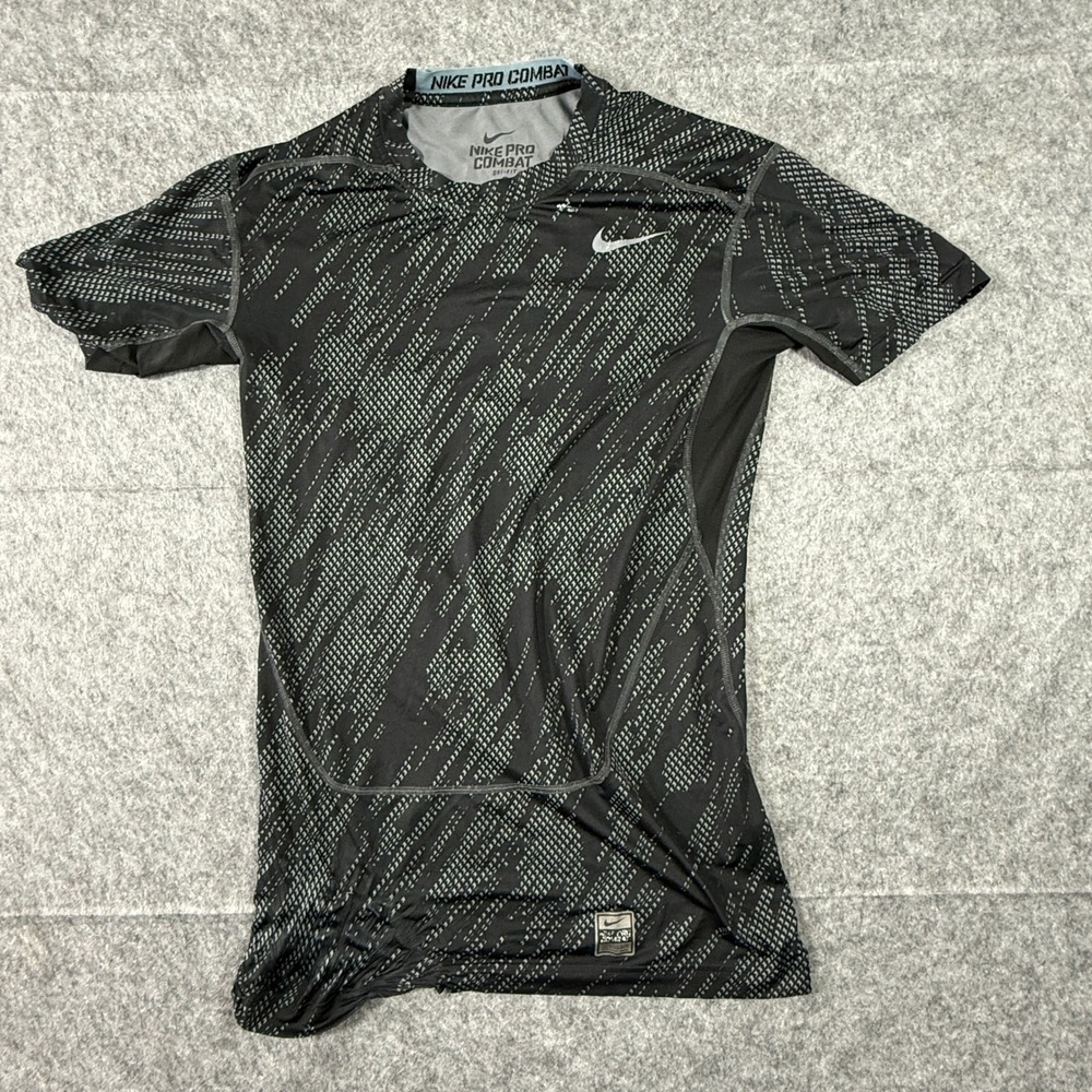 Nike Pro Combat Shirt Womens Medium Black Grey Dri-Fit Compression Short Sleeve